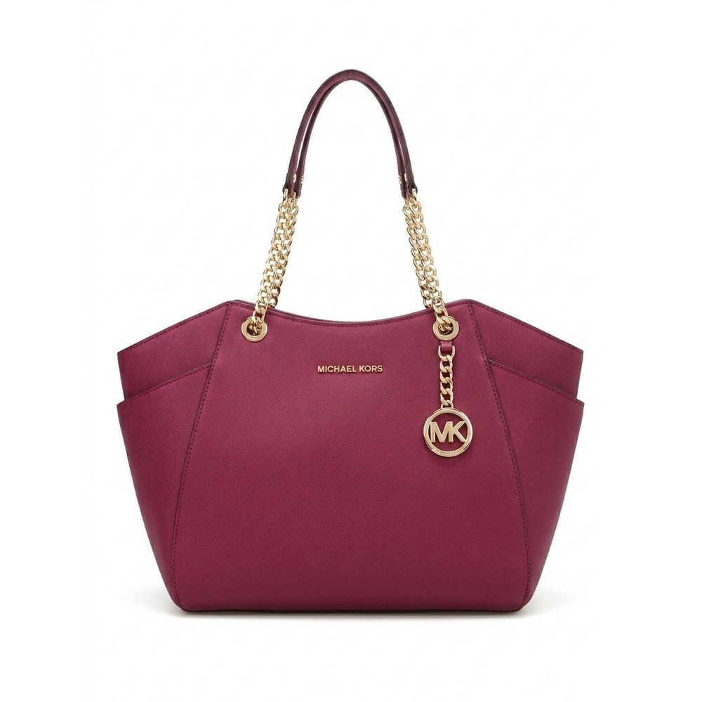 Michael Kors Burgundy Saffiano Leather Chain Tote Bag - Gold Hardware